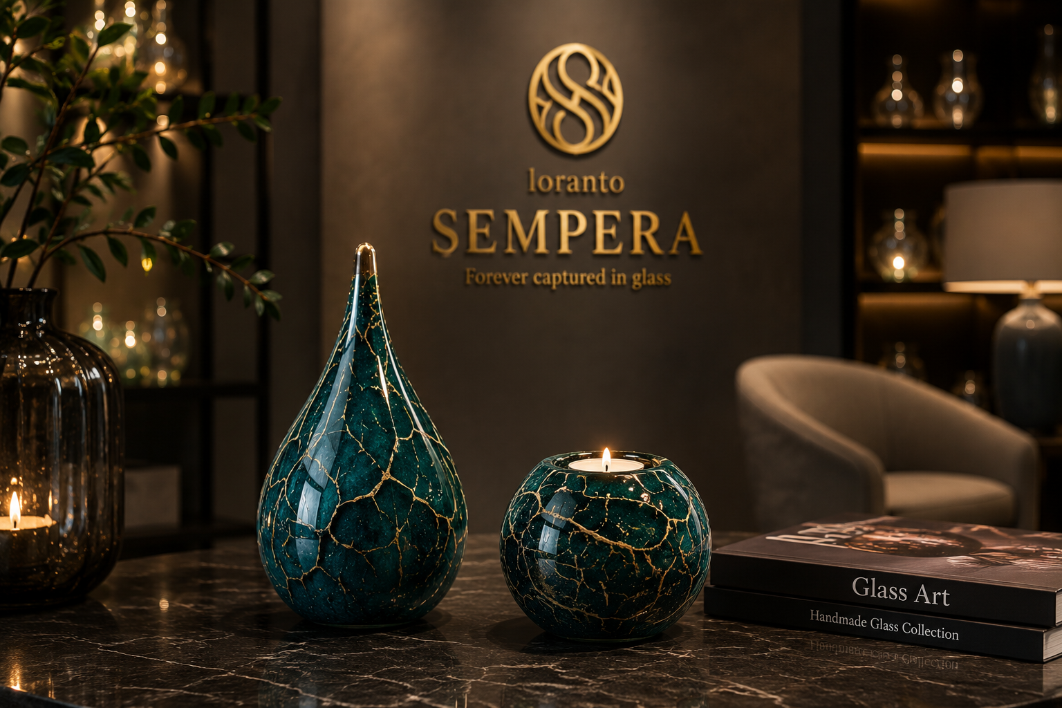 SEMPERA handcrafted glass urn – Black and Gold Edition, premium cremation urn for funeral professionals